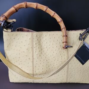 Elegant Ostrich Yellow  and Bamboo Handle Shoulder Bag. By Plinio Visona'